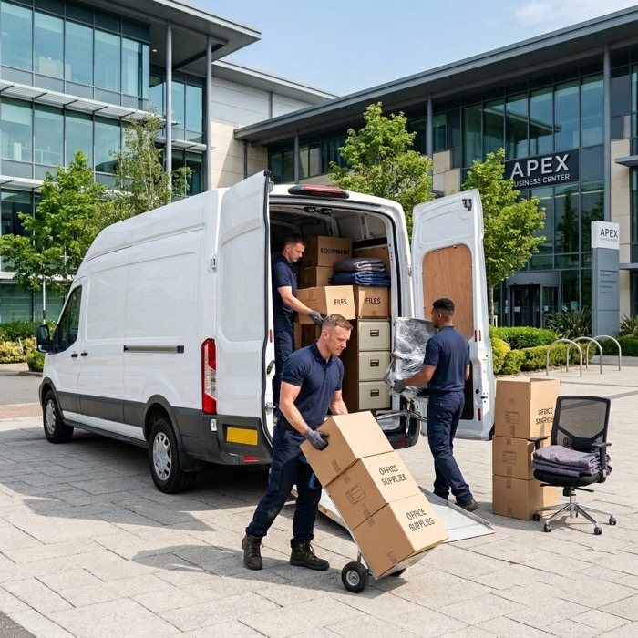Professional moving team loading boxes for corporate office relocation